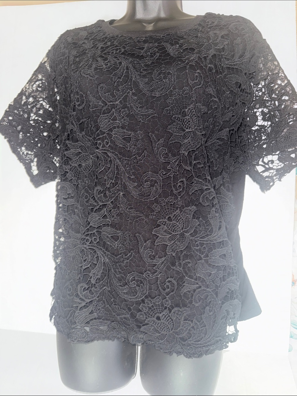 H&M Lace Overlay Short Sleeve Top - Black